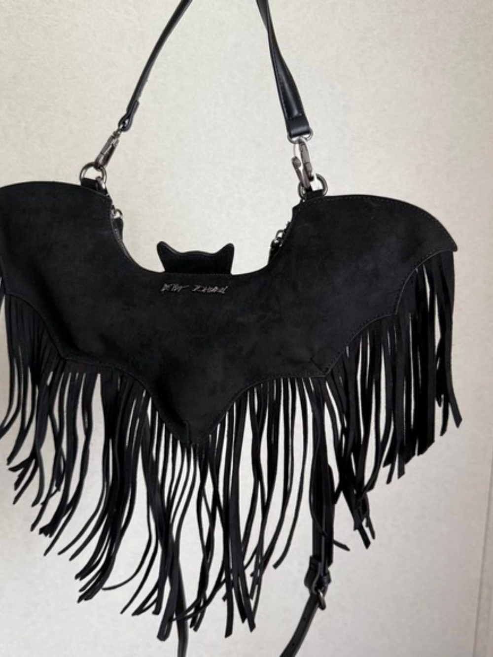 Black Bat-Shaped Fringe Shoulder Bag